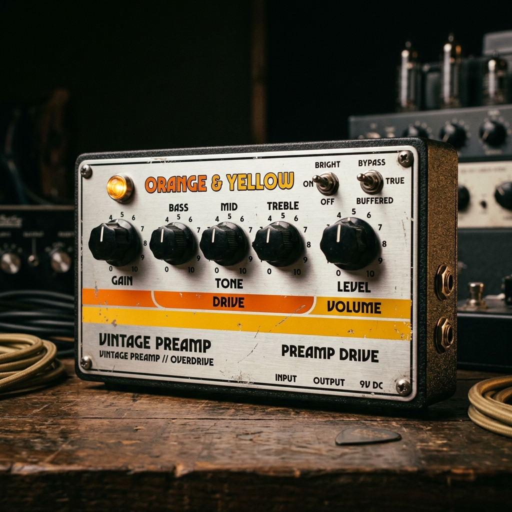 Orange & Yellow Preamp pedal: Metal enclosure with vintage yellow and orange stripes, black chickenhead knobs for Gain, Bass, Mid, Treble, Level